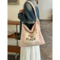Striped fluffy tote bag with cute embroidery pocket, casual large capacity shoulder bag for women. - 38x3x35cm / Pink Stripe