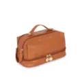 Brown PU leather travel cosmetic bag, large capacity double layer toiletry organizer for women. - Brown
