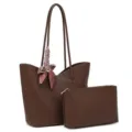 Brown leather tote bag with matching pouch and stylish scarf detail, detailed close-up view. - Coffee