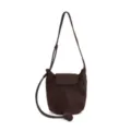Borsa a secchiello in camoscio marrone scuro con patta e nodo elegante da donna. - Caffè (Patta in Camoscio)