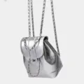 Silver metallic leather chain backpack, flap turn-lock closure, stylish daily travel bag. - Silver Chain Backpack