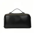 Black leather cosmetic bag with top handle and gold zipper for travel and makeup storage - 25x12x13cm / Black