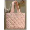 Pink quilted puffer tote bag for women, large capacity stylish casual shoulder bag for daily commuting. - Pink