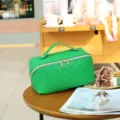 Green checkerboard cosmetic bag large capacity travel toiletry organizer for women PU pouch - Green