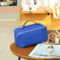 Blue checkered PU makeup bag large capacity travel cosmetic pouch with handle and zipper - Blue