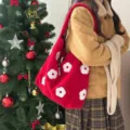 Red plush floral embroidered shoulder bag autumn winter cute casual women tote bag - Red