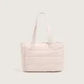 Pink quilted tote bag, lightweight puffer shoulder bag for women, stylish casual handbag. - Off White