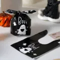 Halloween ghost candy gift packaging bag detail view, black plastic biscuit bag with cute ghost print. - New Ghost Bag Style