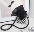 Black and white checkerboard mini phone bag with cute heart flap and beaded strap chic stylish. - Black and White Plaid
