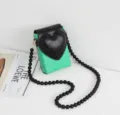 Green black mini phone crossbody bag with 3D heart flap and chic beaded chain strap. - Green