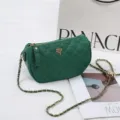 Green quilted crossbody bag for women, stylish shoulder chain bag with elegant metal details. - Green