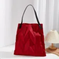 Red pleated canvas tote bag, stylish geometric shoulder bag for women daily commute. - Red