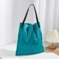 Geometric pleated canvas tote bag for women, large capacity casual shoulder bag commuting daily. - Teal