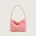 Pink nylon shoulder bag, minimalist hobo underarm bag with front embroidery detail. - Pink
