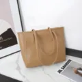 Retro large capacity tote bag, stylish PU leather shoulder handbag for women commute daily use. - Khaki