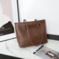 Brown PU leather tote bag, minimalist vintage shoulder bag for women commuting daily. - Coffee
