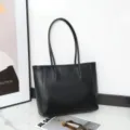 Black leather tote bag, minimalist large capacity shoulder bag for women daily commute - Black