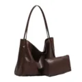 Retro Brown Tote Bag Soft Leather Casual Commuting Shoulder Bag with Pouch Large Capacity - Two-Piece Bag Set / Coffee