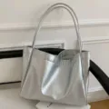 Silver metallic tote bag for women, soft leather casual shoulder bag with long straps. - Two-Piece Bag Set / Silver