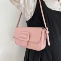 Pink leather shoulder bag for women, stylish minimalist underarm bag with square buckle. - Pink