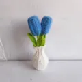 Handmade crochet blue tulip flower detail shot, cute knitted potted plant ornament for home decor. - Blue
