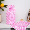 Pink and white checkered drawstring gift bags with heart and letter prints for party favors. - Pink White Plaid Heart Style (Style A) / 50 Sheets