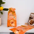 Cute cartoon bear printed plastic gift bag with gold ribbon for kids party favor - Orange Striped Bear Style (Style D) / 50 Sheets