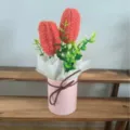 Handmade crochet red flower bouquet potted in pink pot with green leaves for home decor gift. - 11 Colors