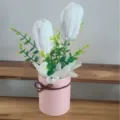 Handmade crochet white tulip flower in pink pot, detailed view of potted knit floral decor gift. - Ten Colors