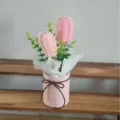 Handmade crochet pink tulip potted flower bouquet with cute pink pot for home decor. - Twelve Colors