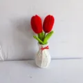 Handmade crochet tulip potted plant in white vase, cute home decor gift for new year. - Red