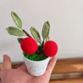 Handmade crochet artificial fruit potted plant, red berries green leaves white pot variant - Apple