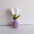 Handmade crochet tulip potted plant in purple vase, cute wool knitted floral home decor gift. - White