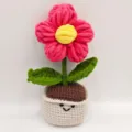 Handmade crochet puff flower potted plant with cute smiley face pot home decor gift - Rose Red