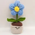 Handmade crochet blue puff flower potted plant with cute smile face home decor gift - Blue