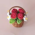 Handgemaakte gehaakte roos bloem potplant, rode wol breien bloemenmand decoratie variant. - Roze Kleine Mand Rode Roos