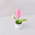 Handmade crochet tulip potted plant home decor, cute knitted flower in white pot. - Deep Pink
