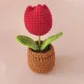 Handmade crochet tulip flower potted plant detail view, perfect cute desk decor ornament. - Red