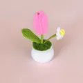 Handmade crochet pink tulip potted plant, cute knitted artificial flower home decor gift. - Bright Pink