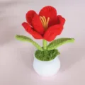Handcrafted crochet red tulip potted plant artificial flower home decor table ornament. - Red
