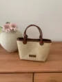 Vintage woven straw handbag with brown PU leather trim, summer beach tote bag for women. - 25*10*16cm / Brown Woven Bag