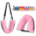 Pink fillable travel neck pillow, U-shaped convertible storage bag for clothes, portable flight gear. - Pink