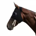 Breathable mesh horse fly mask with eye cover, black equestrian supply, side view display. - Black