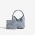 Light blue leather woven tote bag and matching pouch, stylish designer handbag for women. - 23*12*22 / Blue