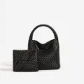 Black woven leather handbag set with matching pouch, stylish tote bag for daily use and travel. - 23*12*22 / Black