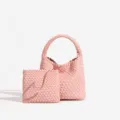 Pink leather woven handbag and pouch set, chic mother-child designer style shopper tote. - 23*12*22 / Pink