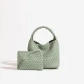 Sage green woven leather handbag set, elegant tote and matching pouch for daily commute travel. - 23*12*22 / Green