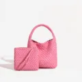 Pink Woven Leather Handbag Set Designer Style Jodie Tote Bag and Clutch Purse Combo - 23*12*22 / Rose Red