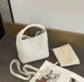 White woven leather handbag set with tote bag, pouch, and strap for women commuting daily. - 23*12*22 / White