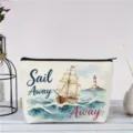 Retro-Aquarell-Segelboot-Leinwand-Kosmetiktasche, tragbare Reisebeutel-Detailansicht. - Segelboot Leuchtturm